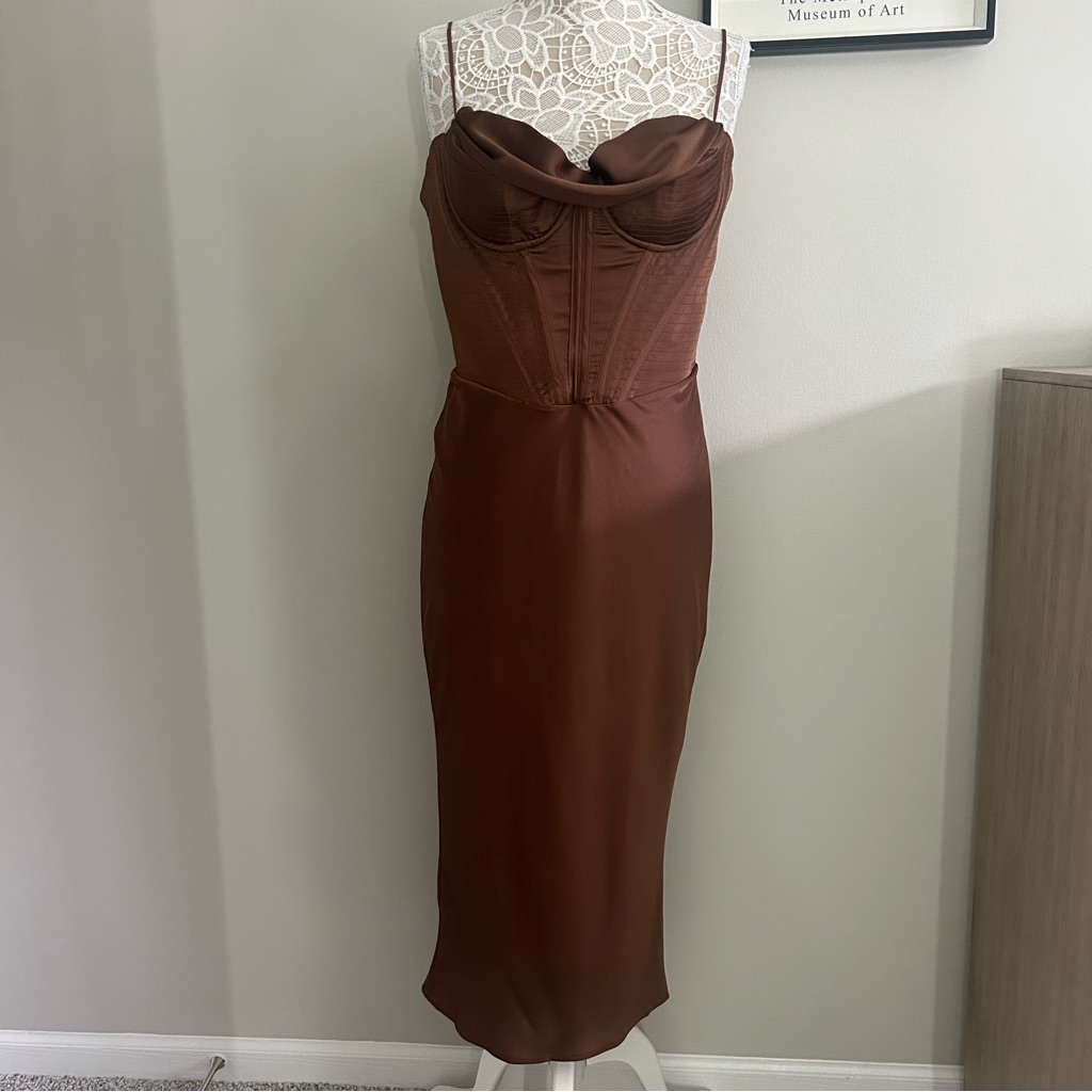 Nwot - House Of Cb Myrna Satin Corset Slip Dress In Chocolate